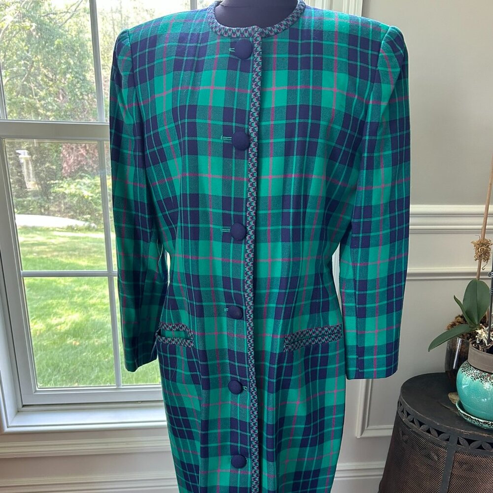 Vintage Leslie Faye Dress w/Blue Green Plaid ~ Women's Size 14